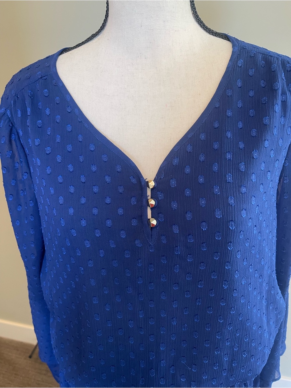 Textured Swiss Dot V-Neck Dress in Deep Blue